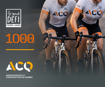 Affiche du grand défi Pierre Lavoie 1000 km 2026 avec cyclistes portant les couleurs de l'ACQ