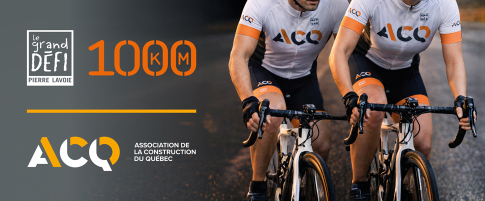 Affiche du grand défi Pierre Lavoie 1000 km 2026 avec cyclistes portant les couleurs de l'ACQ